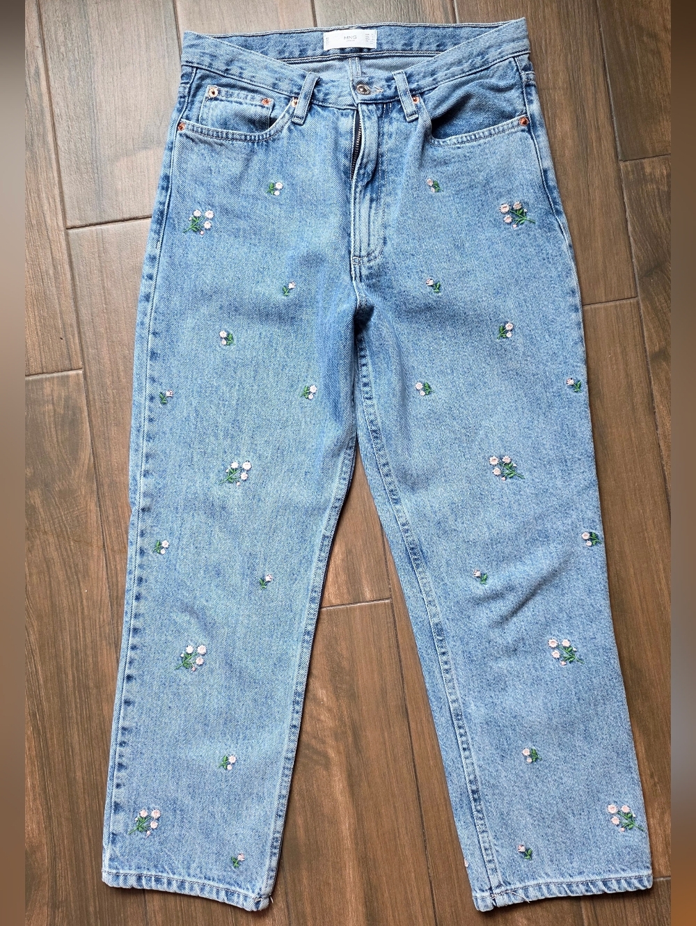 Mango Straight-Leg Cropped Jeans with Floral Embroidery